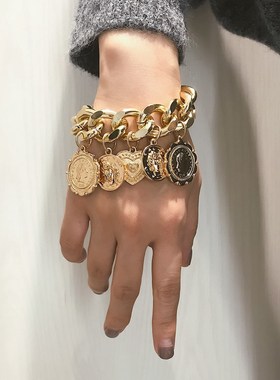 欧美跨境朋克风钱币浮雕人像手链