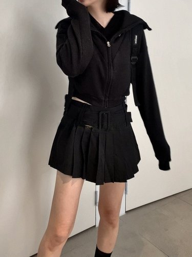 Unique SEI韩国辣妹学院风宽腰带设计超百搭短款西装百褶半身裙-图2