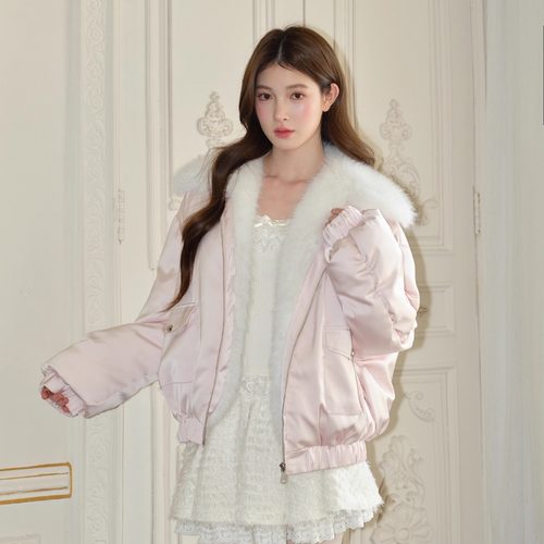 RECIT 淡粉色光泽感缎面拼毛廓形ins少女风宽松慵懒感羽绒服冬 - 图0