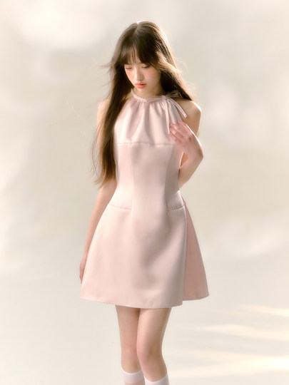 Pink satin glossy pearl halter neck dress