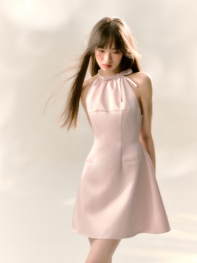 Pink satin glossy pearl halter neck dress
