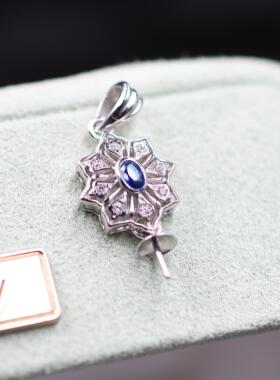 DIY配件S925银珍珠吊坠项坠空托蓝彩宝小挂坠托银饰品8-14