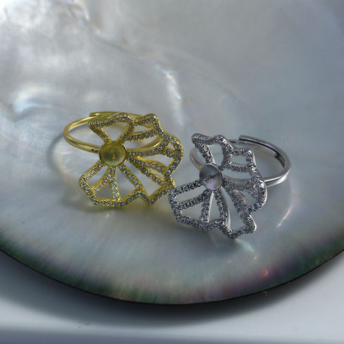 DIY珍珠配件新款S925纯银不规则锆石花朵戒指空托精致清新甜美 - 图1