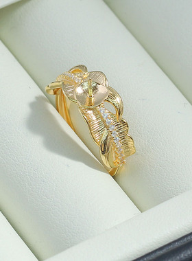 DIY珍珠配件新款S925纯银波浪形镶钻戒指空托精致时尚简约百搭Y