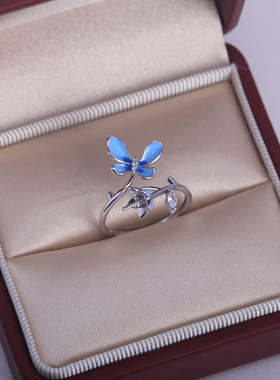 S925纯银珐琅彩蝴蝶戒指空托