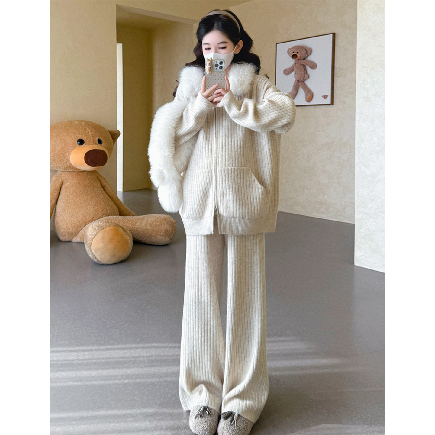 孕妇套装2025新款冬装慵懒风宽松休闲毛领连帽针织开衫外套阔腿裤,淘宝优惠券,粉丝福利购,淘宝优惠卷