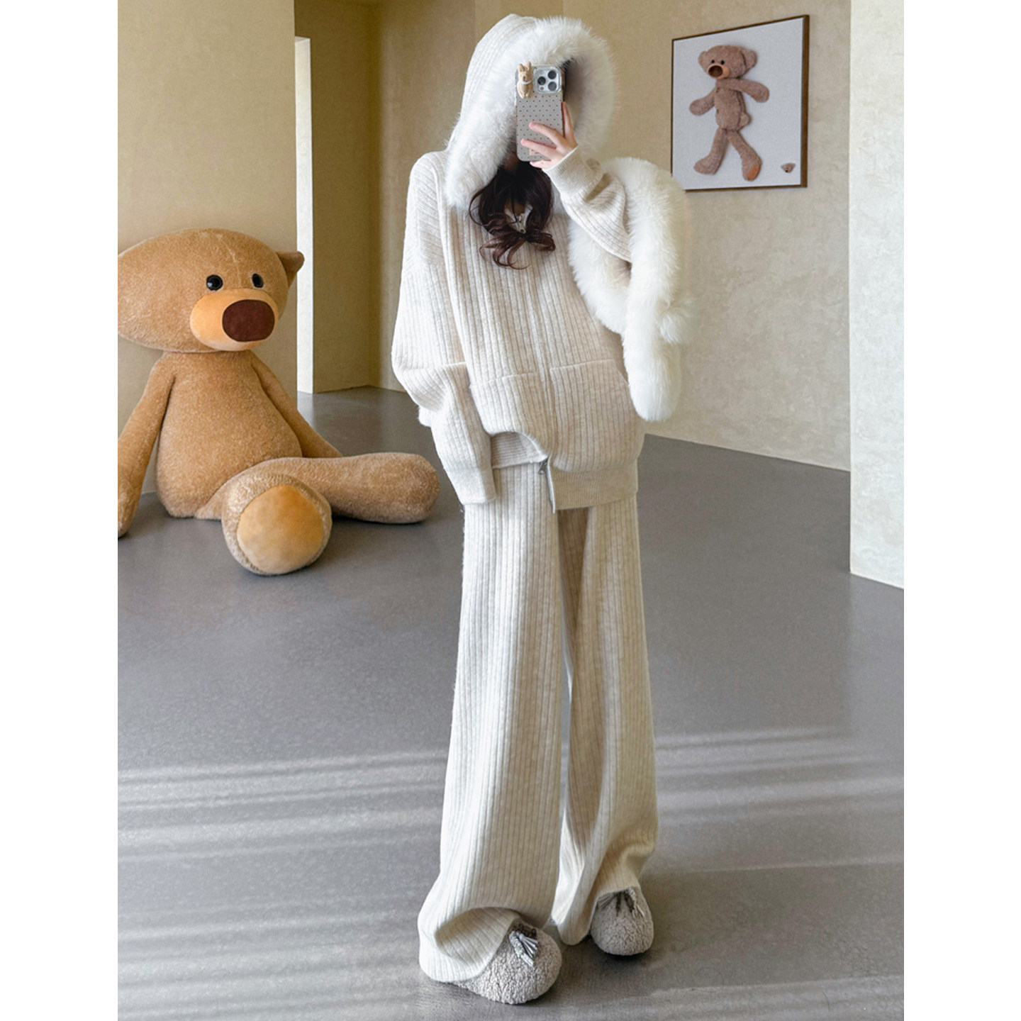 孕妇套装2025新款冬装慵懒风宽松休闲毛领连帽针织开衫外套阔腿裤,淘宝优惠券,粉丝福利购,淘宝优惠卷