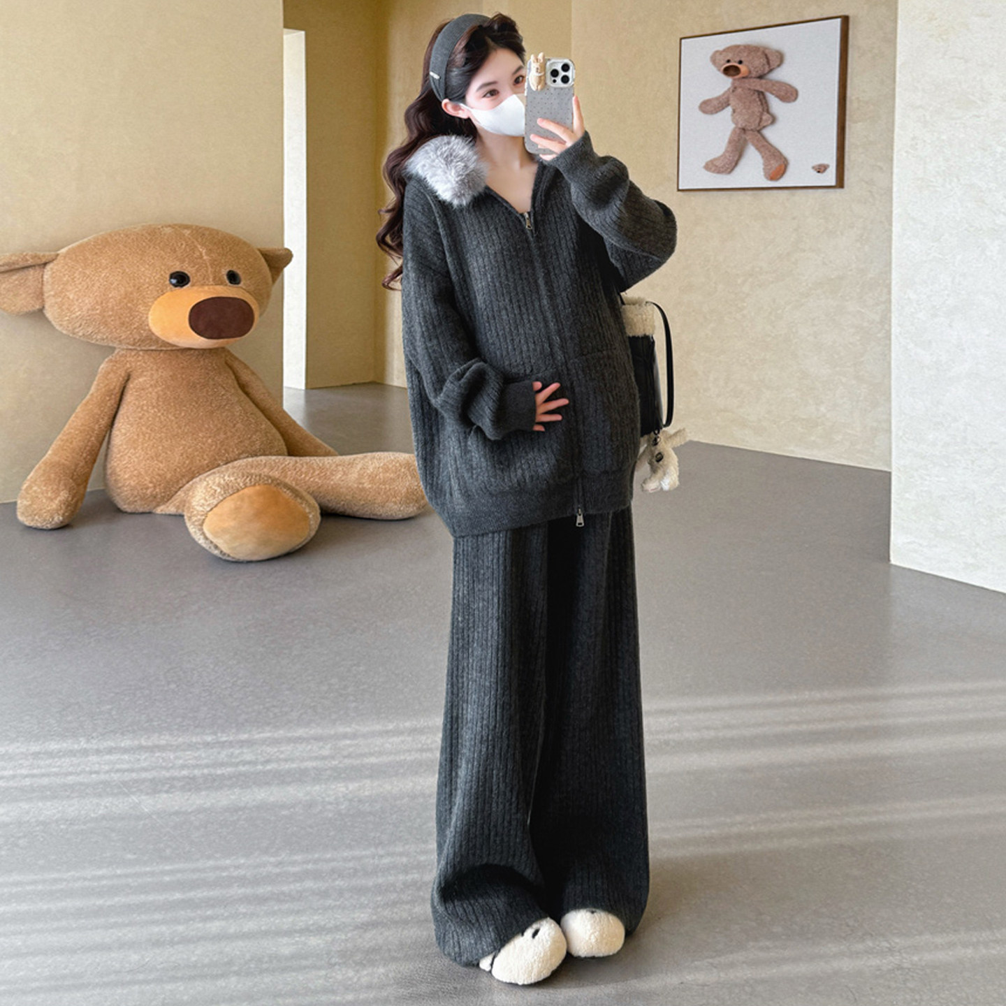 孕妇套装2025新款冬装慵懒风宽松休闲毛领连帽针织开衫外套阔腿裤,淘宝优惠券,粉丝福利购,淘宝优惠卷