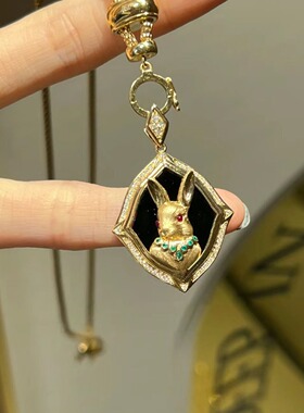 欧美复古中古小众vintage项链白贝黑珐琅镀金重工兔子精工锁骨链