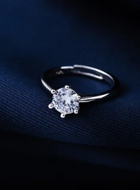 指环莫桑钻仿真女女戒指婚戒简约钻戒戒指开口情侣韩版六爪