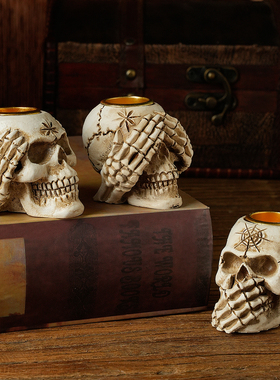 桌面装饰摆件万圣节烛台鬼节骷髅头复古小众吧台店铺氛围拍照道具