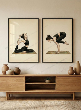 瑜伽馆装饰画普拉提工作室背景墙壁画健身卡通抽象简约插画墙挂画