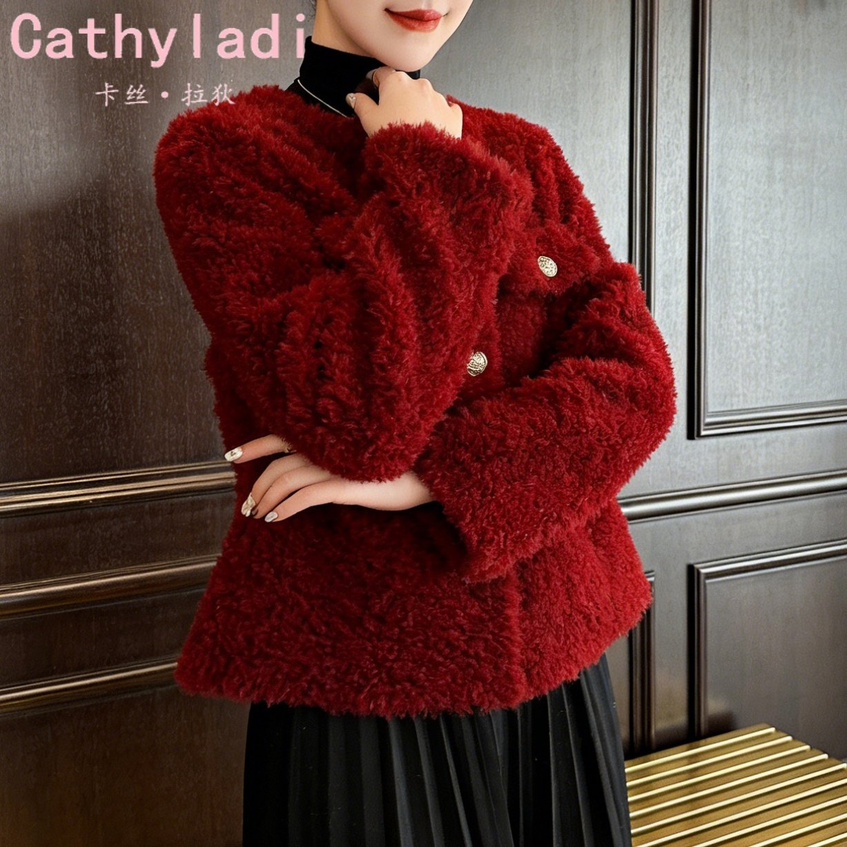 CATHYLADI马年中国红短款外套2026年冬季保暖气质轻奢圆领上衣女,淘宝优惠券,粉丝福利购,淘宝优惠卷