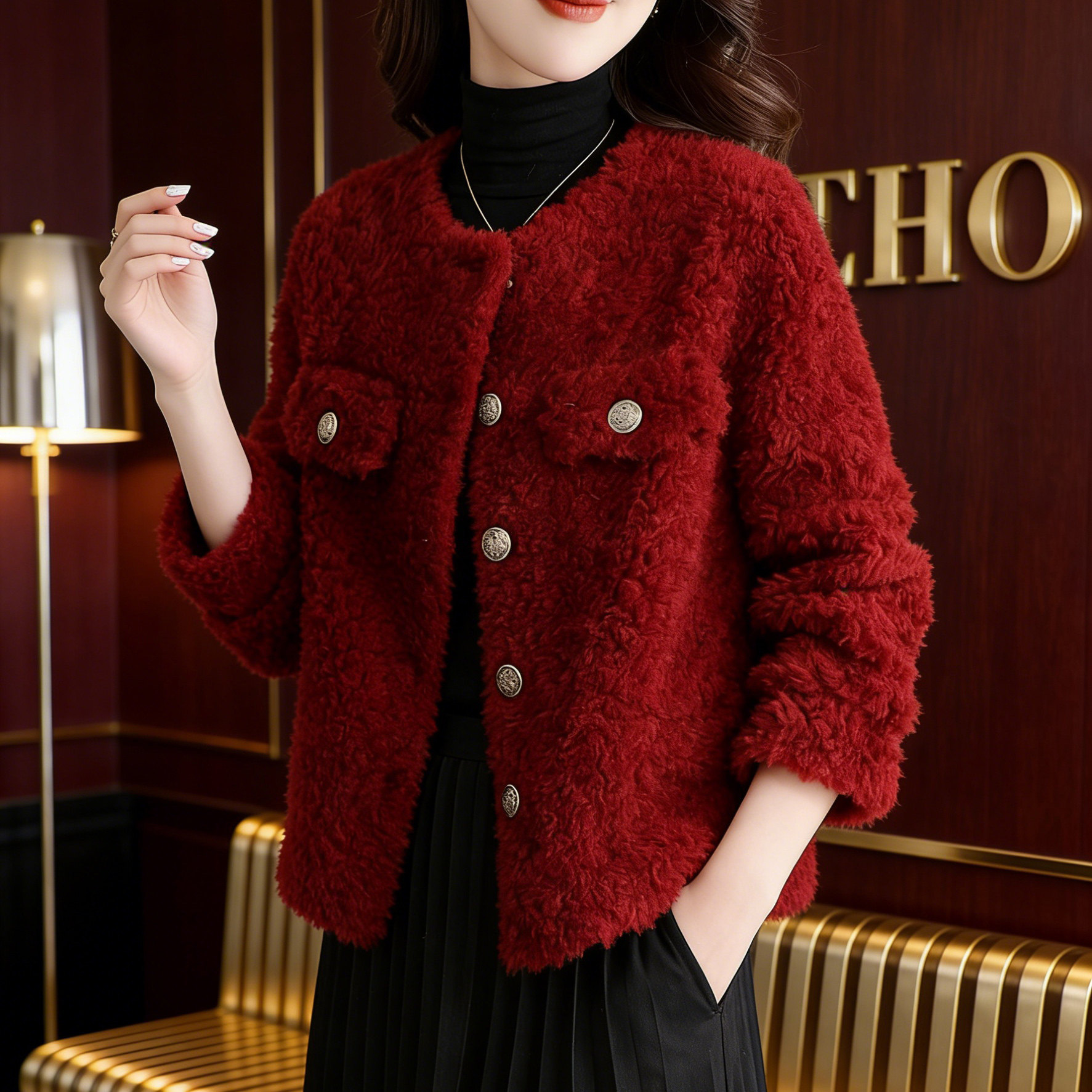 CATHYLADI马年中国红短款外套2026年冬季保暖气质轻奢圆领上衣女,淘宝优惠券,粉丝福利购,淘宝优惠卷