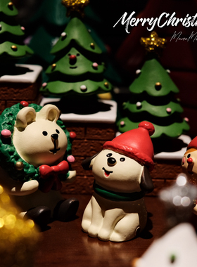复古氛围温暖的圣诞小熊小狗摆件