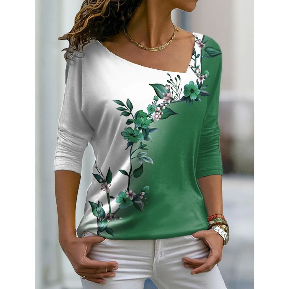 2023 Women's Floral Theme Printed Painting Tee Shirts V Neck-图1