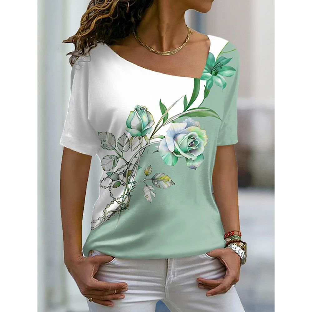 2023 Women's Floral Theme Printed Painting Tee Shirts V Neck-图2