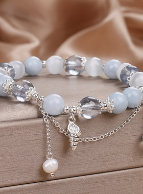 夏季新款海蓝宝水晶铃铛手链女小众设计手串高级感轻奢精致手饰品