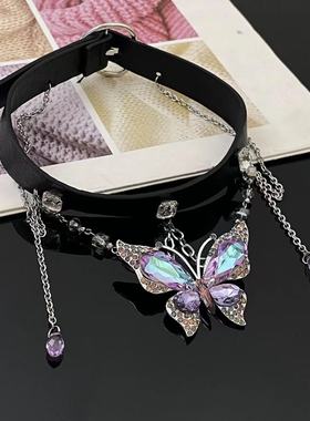 甜酷辣妹紫色蝴蝶皮革项圈女choker高级感颈链锁骨链项链配饰批发