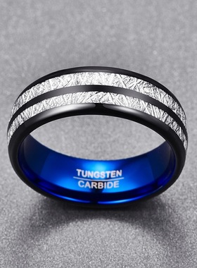 wish热卖跨境电商货源饰品 内蓝条纹钨钢戒指 男士时尚指环配饰