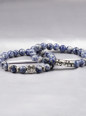 外贸珠子手环虎眼粉晶白点蓝圆形珠石头8mm手链合金星星手串手饰