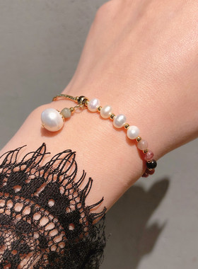 韩版韩式 不规则巴洛克淡水真珍珠碧玺色简洁手串手链手饰品