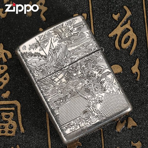zippo正版打火机 清明上河图纯银原装防风煤油创意男士火机送男友 - 图0