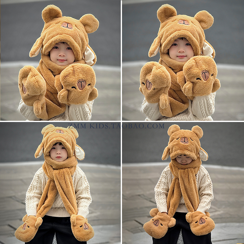 卡皮巴拉帽子围巾一体儿童手套女冬季捏耳朵会动的围脖小男孩冬天 - 图2