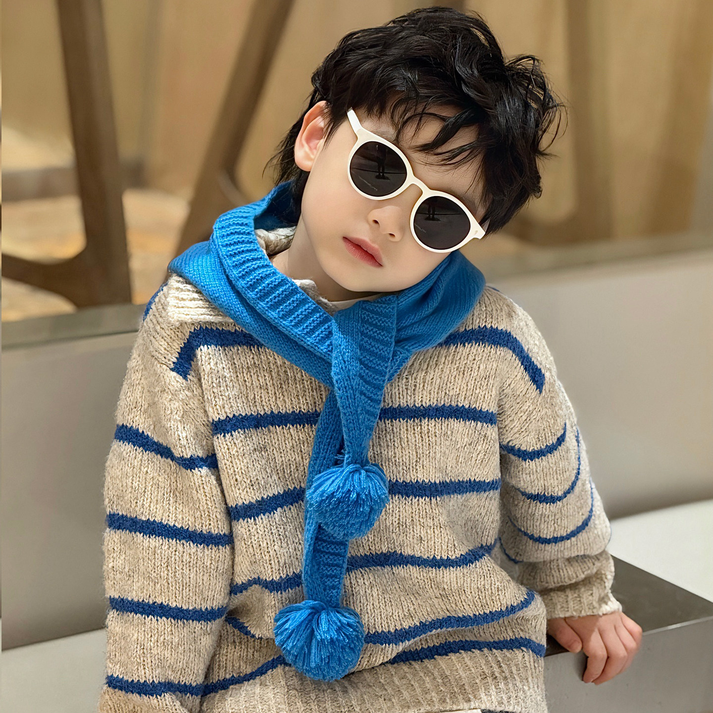 蓝色儿童围巾三角巾2025新款小男孩宝秋冬季护颈保暖围脖防风冬天