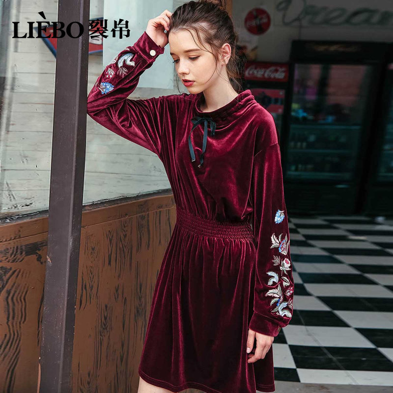 裂帛复古丝绒中长连衣裙卫衣裙子 裂帛立天连衣裙