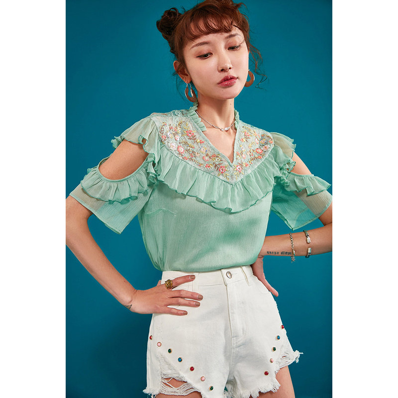  裂帛立天蕾丝衫/雪纺衫