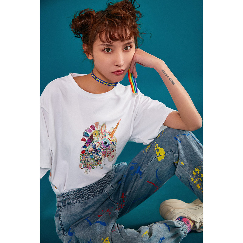 裂帛2020夏季新款彩虹独角兽潮t恤 裂帛立天T恤