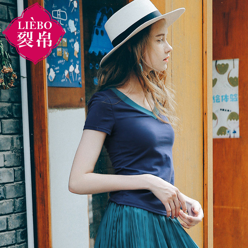 裂帛刺绣撞色v领短袖t恤女打底衫 裂帛立天T恤