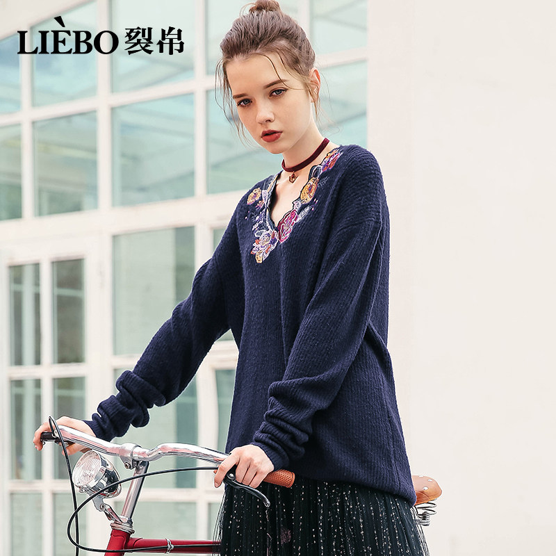 裂帛v领长袖套头2018冬季新款毛衣 裂帛立天毛衣