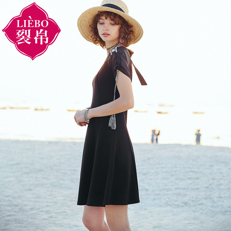 裂帛2019夏装女新款雪纺拼针织黑色 裂帛立天连衣裙