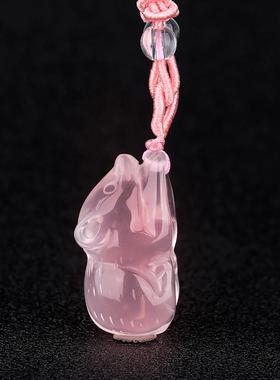 天然粉晶小老鼠吊坠粉色水晶生肖六合牛项链男女款挂件钥匙扣饰品