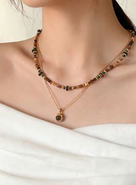 复古美拉德虎眼石叠戴项链锁骨链