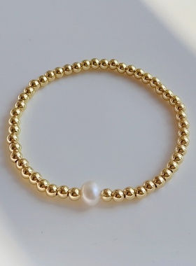 小众欧美饰品ins风简约串珠金色弹力手串个性百搭天然珍珠手链女