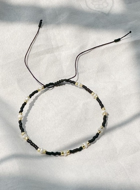 MLGM新款黑色系套装民族风珍珠串珠手链叠戴个性tila弹力线手串绳