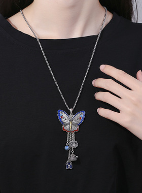 复古民族风景泰蓝蝴蝶项链女气质泰银做旧工艺diy吊坠长款毛衣链