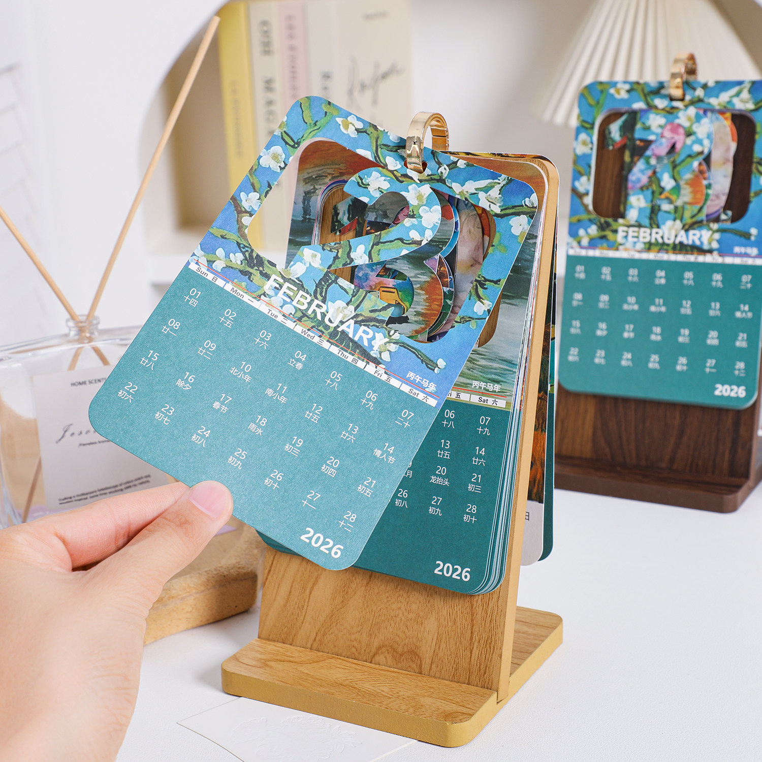 2026年新款台历创意油画封面日历礼盒装木质年历办公用品定制LOGO,淘宝优惠券,粉丝福利购,淘宝优惠卷