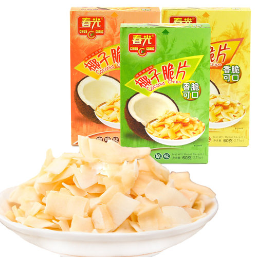 买6送1  春光椰子脆片60g盒装多味可选炭烤椰子片椰肉干零食海 - 图3