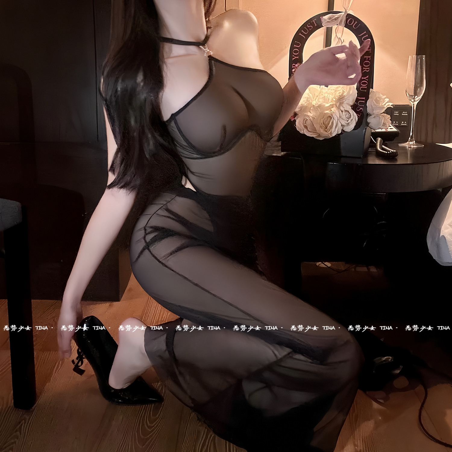 一览无余！新款黑色网纱透视长裙性感提拉挂脖连体衣配塑身薄纱裙,淘宝优惠券,粉丝福利购,淘宝优惠卷