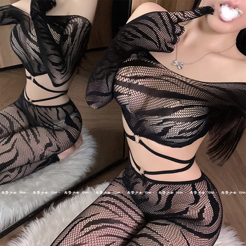 野豹喵喵~禁欲系黑色御姐连体衣性感欧美斑马纹渔网衣辣妹氛围感 - 图0