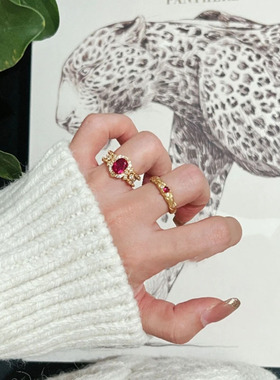 v金材质不掉色新中式錾刻心形红宝石戒指轻奢小众设计气质食指戒