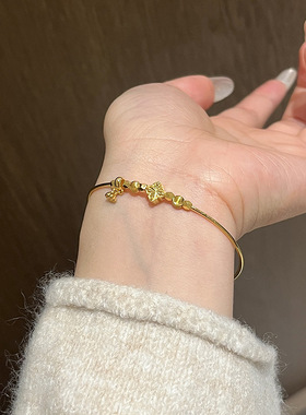 高品质v金材质不掉色好运莲莲手镯黄金色光面时尚百搭轻奢手环