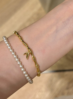 v金材质不掉色古法国风竹节手链2024新款黄金色时尚奢品手饰