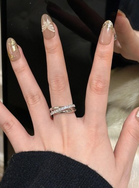 v金材质不掉色三圈交叉镶嵌排钻戒指两色小众设计感时尚食指戒