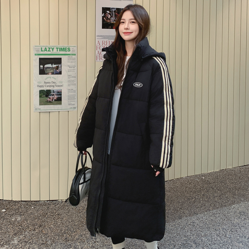 黑色三条杠棉服女2025冬季新款大学生长款女士时尚棉衣棉袄外套潮 - 图0