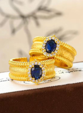 古法沙金点钻拉丝鸽子蛋戒指宽面纹理指环中古风轻奢精致送女友